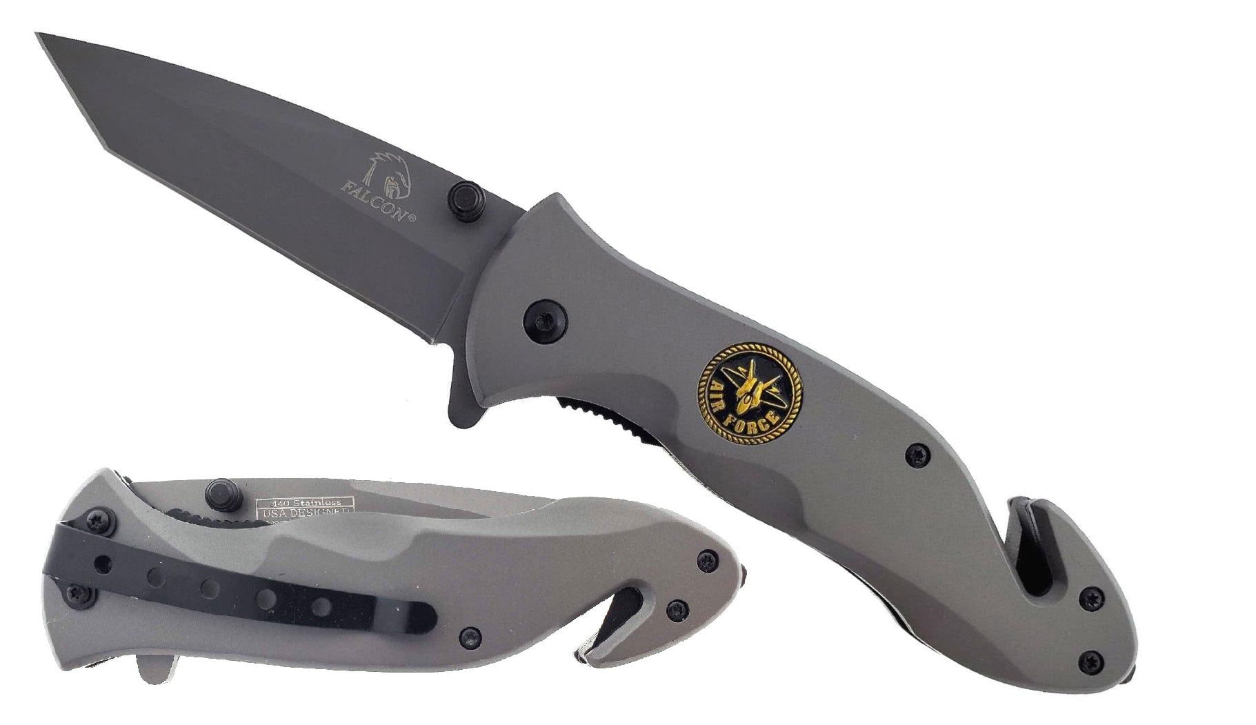 3.5" Blade Gray spring assist knife w/medallion