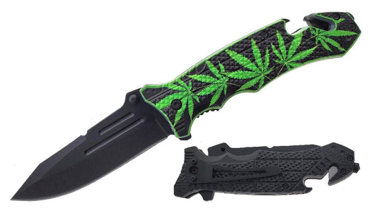 8.25" Spring Assisted Knife Green Marijuana ABS on Handle