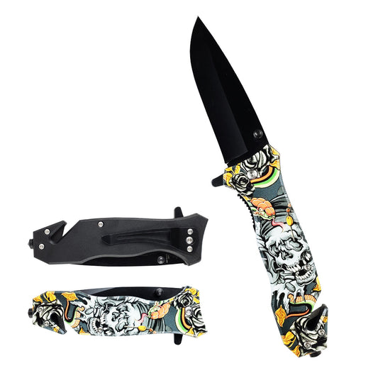 8" Spring Assisted Knife Skull Print on Handle