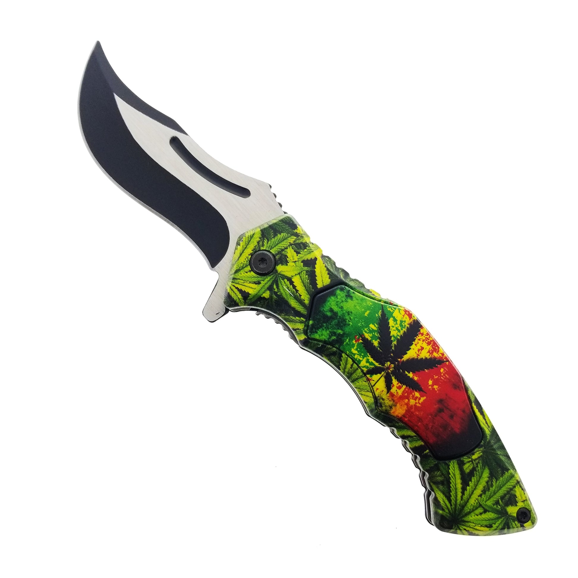 Falcon 8" Overall Spring Assisted Knife Green Marijuana Handle w/ Belt Clip