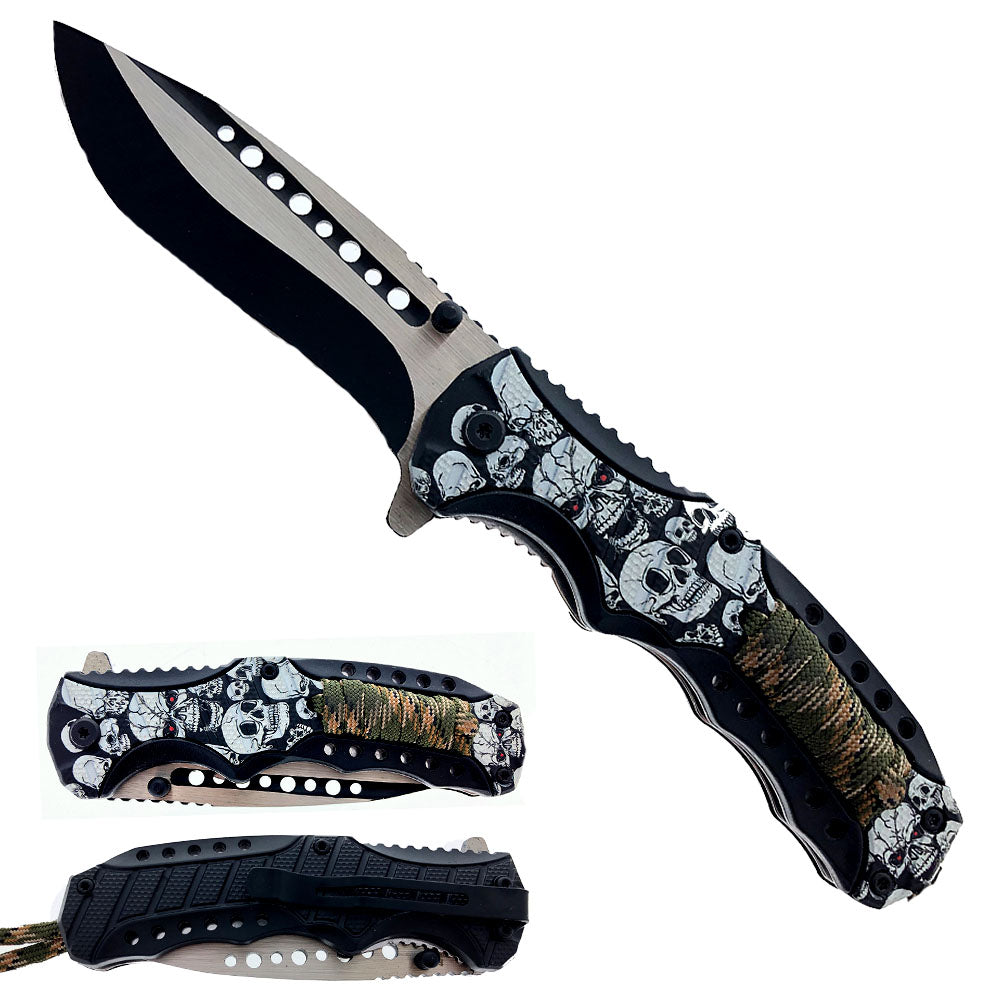 Falcon 8" Spring Assisted Knife Skulls Handle w/ paracord