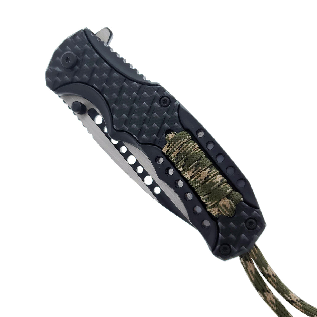 Falcon 8" Spring Assisted Knife Black Carbon Fiber Handle w/ paracord