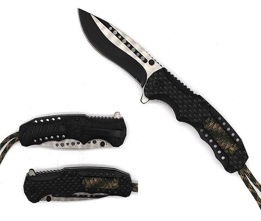 Falcon 8" Spring Assisted Knife Black Carbon Fiber Handle w/ paracord