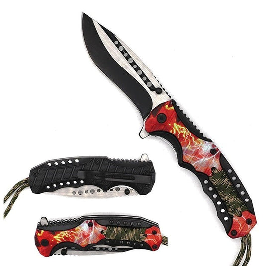 Falcon 8" Spring Assisted Knife Red Thunder Handle w/ paracord