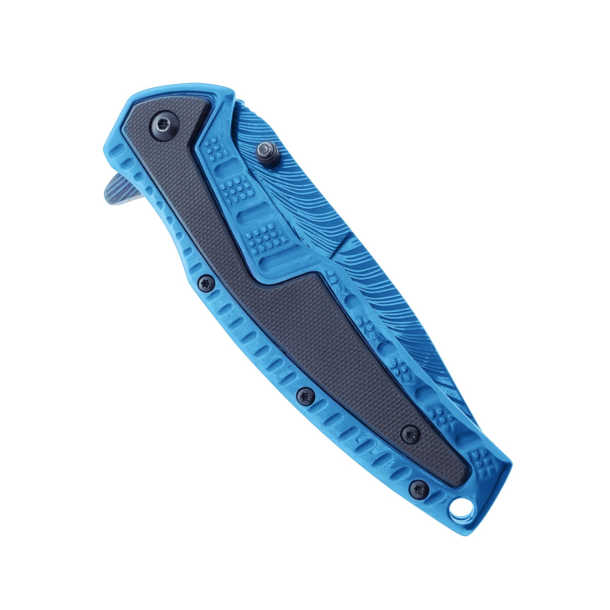 Falcon 8.5" Blue Spring Assisted Pocket Knife Engraved Blade