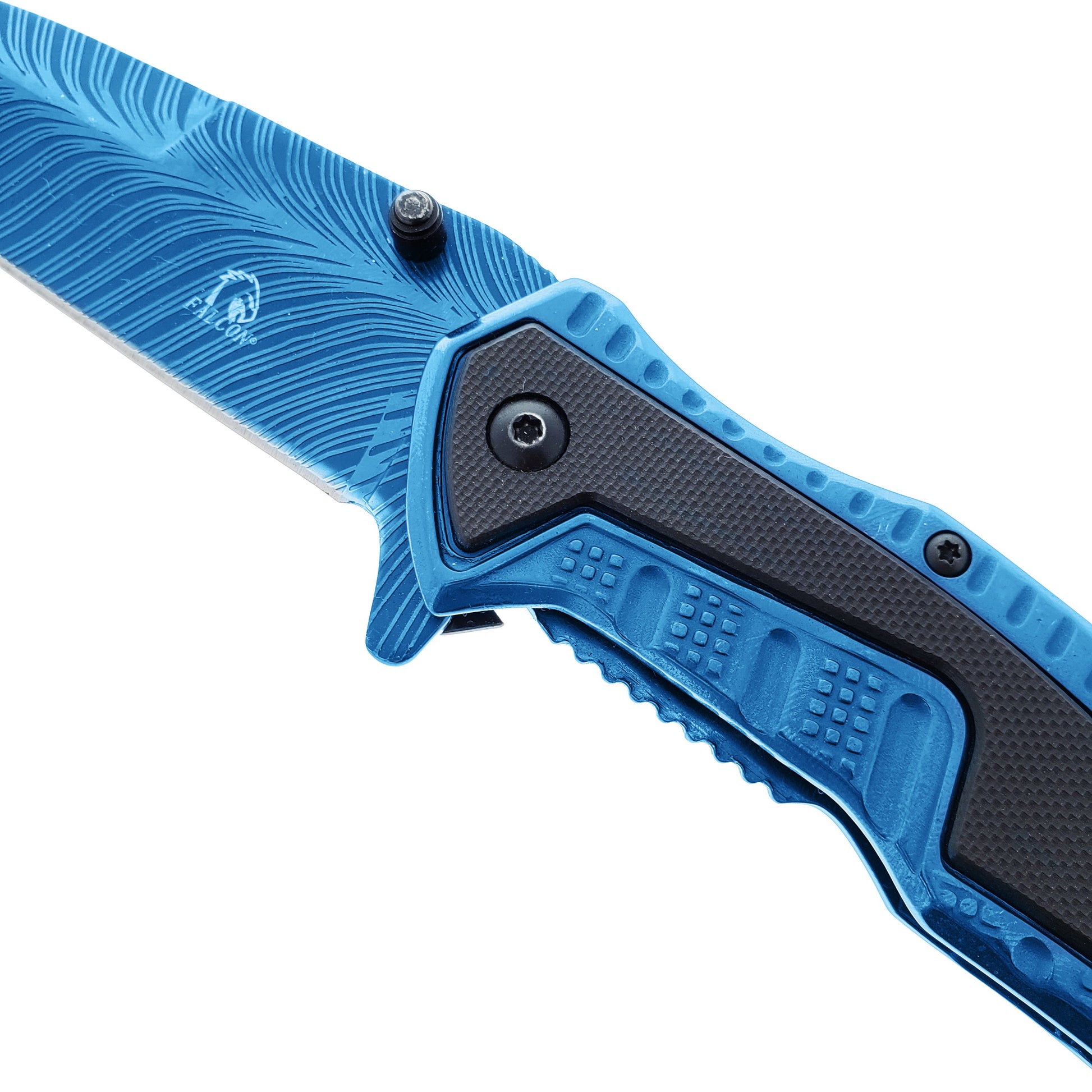 Falcon 8.5" Blue Spring Assisted Pocket Knife Engraved Blade