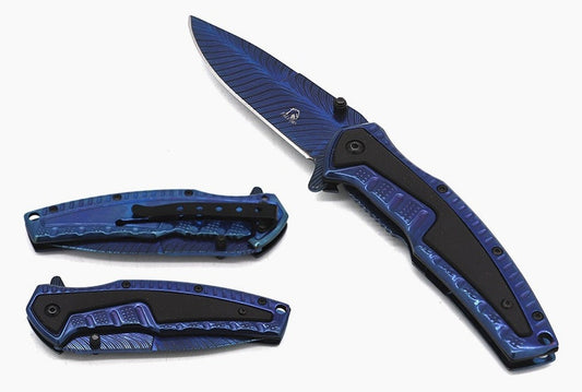 Falcon 8.5" Blue Spring Assisted Pocket Knife Engraved Blade