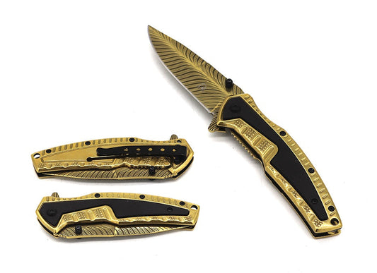 Falcon 8.5" Gold Spring Assisted Pocket Knife Engraved Blade