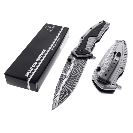 Falcon 8.5" Gray Spring Assisted Pocket Knife Engraved Blade