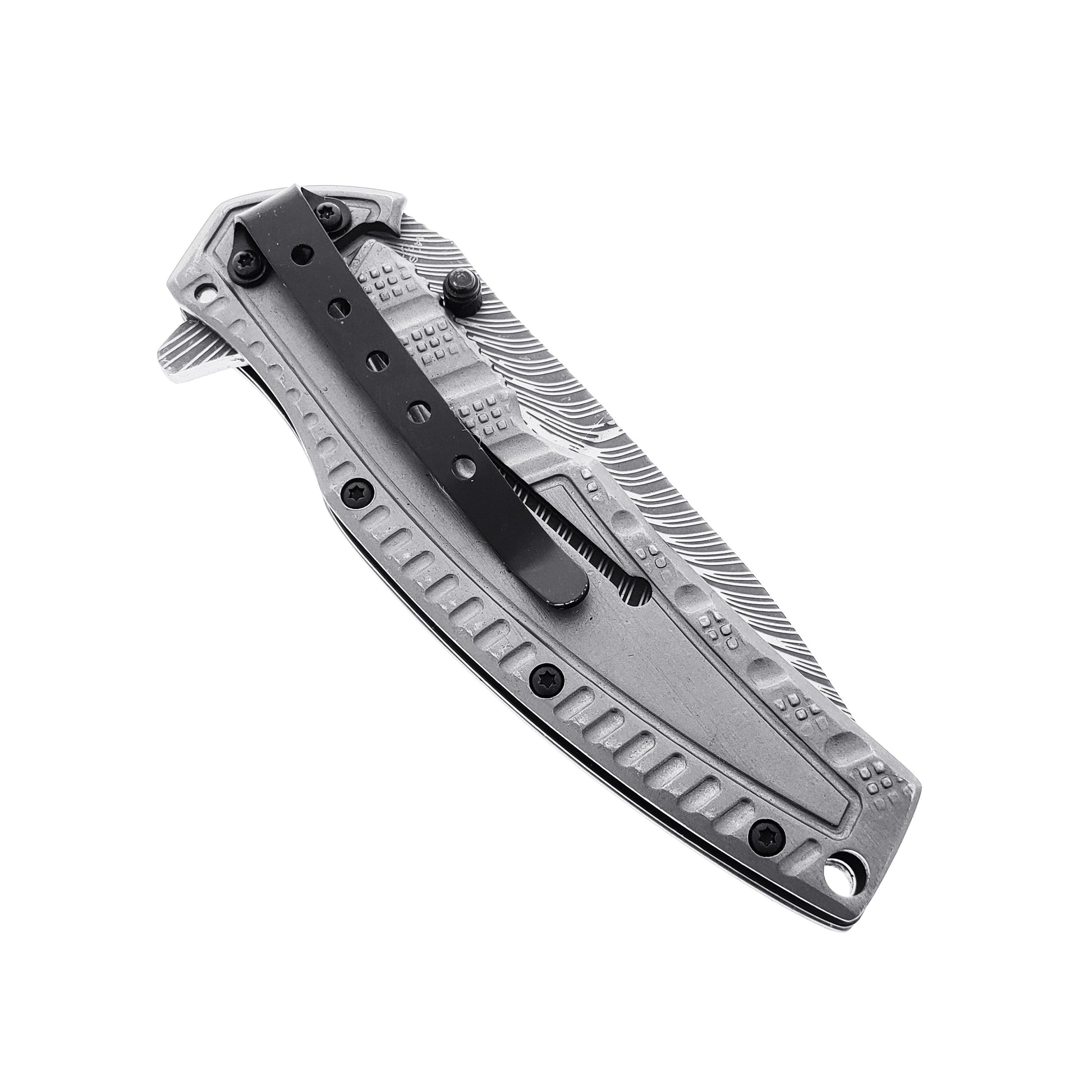 Falcon 8.5" Gray Spring Assisted Pocket Knife Engraved Blade