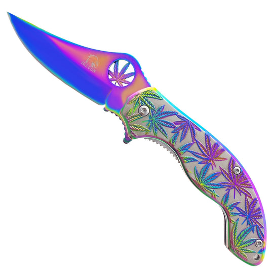 Falcon 7.5" Spring Assisted Knife w/ Rainbow ABS Marijuana Design