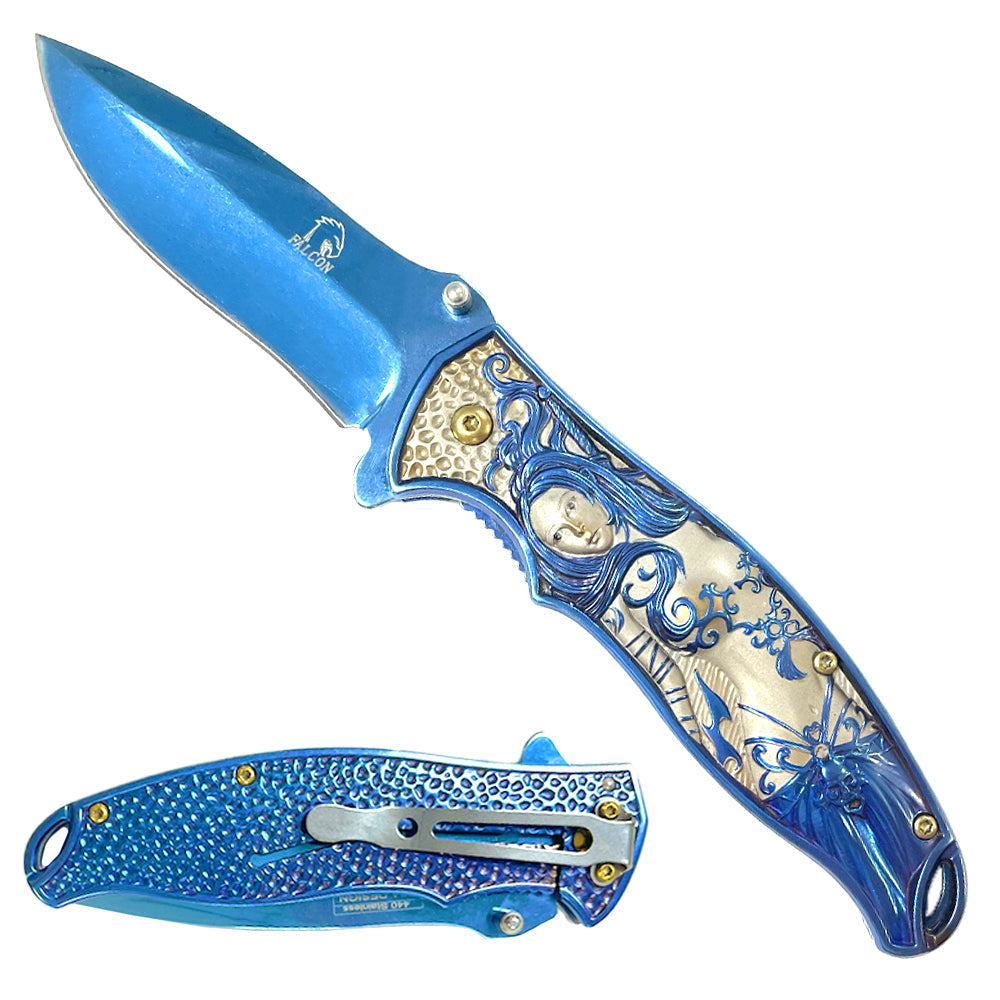 Falcon 8 1/4” Spring Assisted Knife w Blue 3D Mermaid