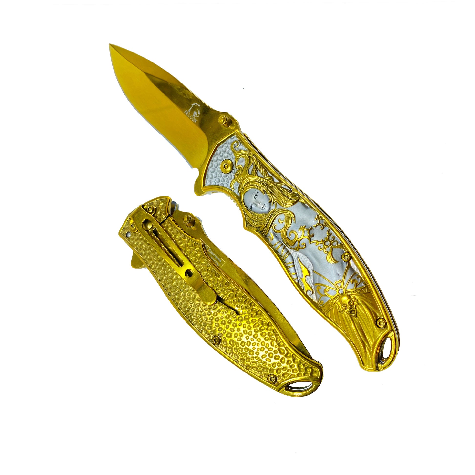 Falcon 8 1/4” Spring Assisted Knife w Gold 3D Mermaid