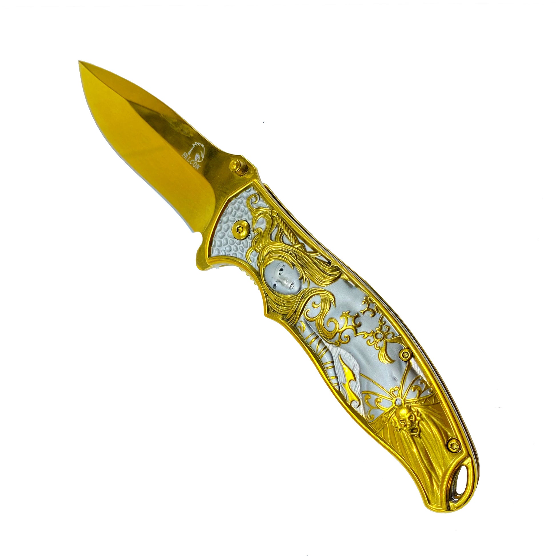 Falcon 8 1/4” Spring Assisted Knife w Gold 3D Mermaid