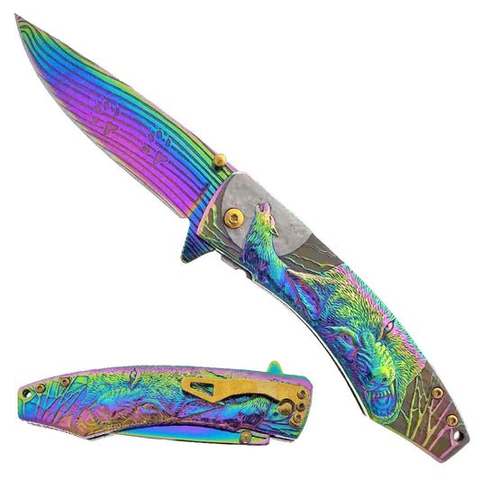 7.75" Rainbow Spring Assisted Knife w/Rainbow Wolf