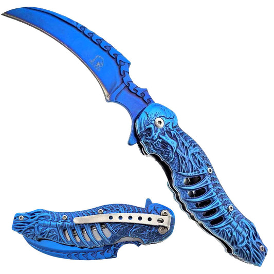 Falcon 7.75" Spring Assisted Knife Blue Skull