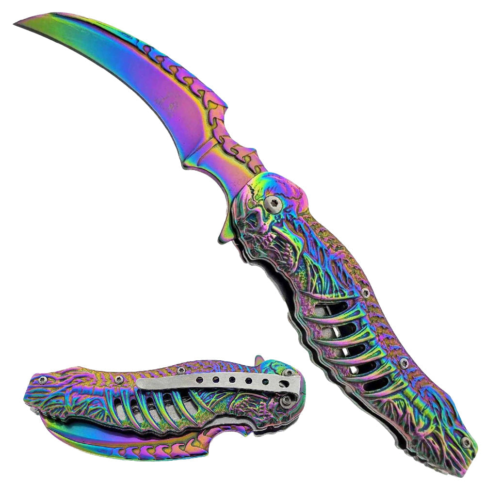 Falcon 7.75" Spring Assisted Knife Rainbow Skull