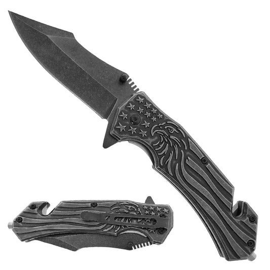 8 1/4"  Black Spring Assisted Knife 3D Eagle w/Belt Clip