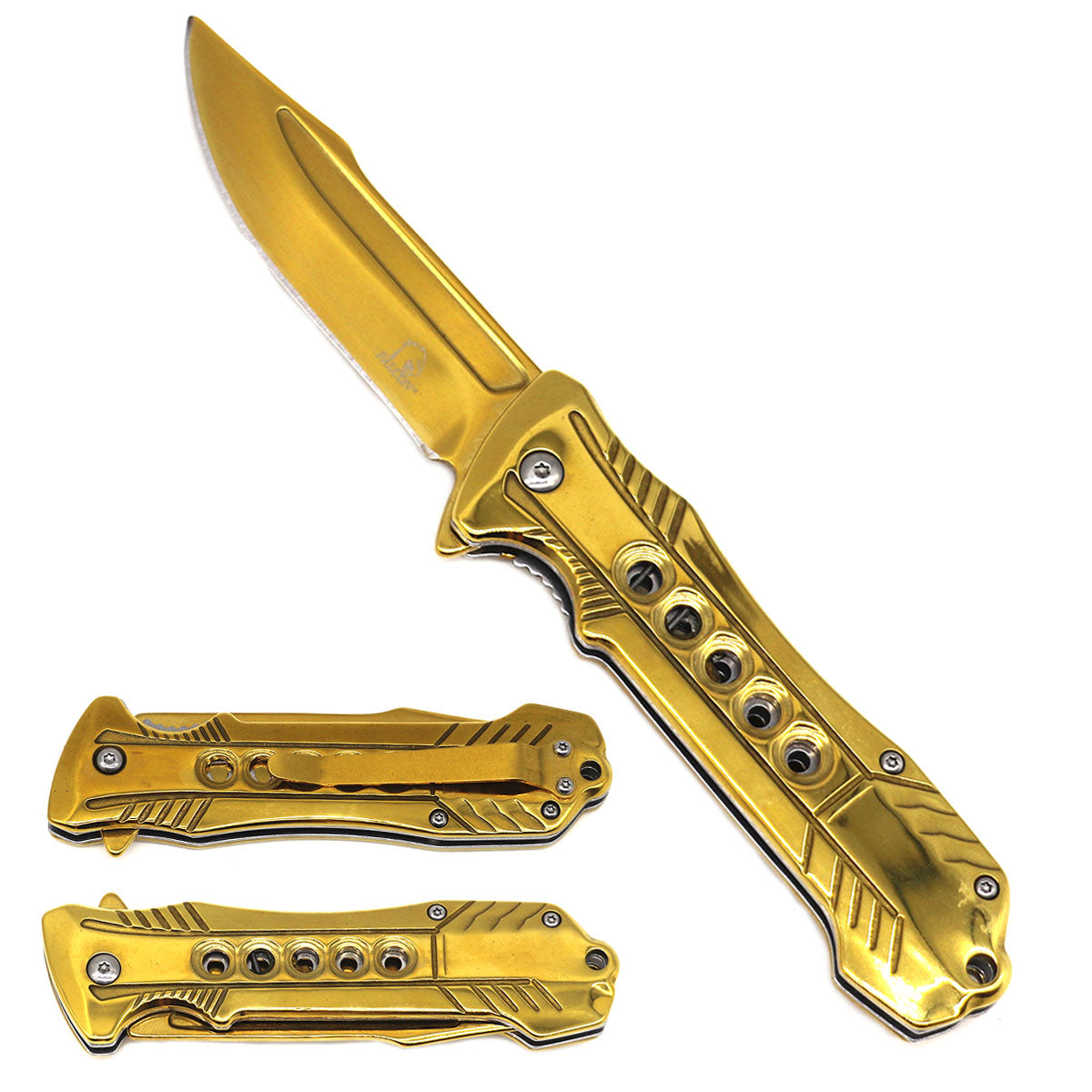 Falcon 7.75" Overall Semi-Automatic Gold Spring Assisted Knife