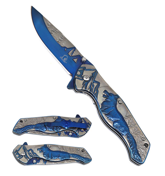 Falcon 8 1/4" Overall Knife w Grey/Blue Wolf Design