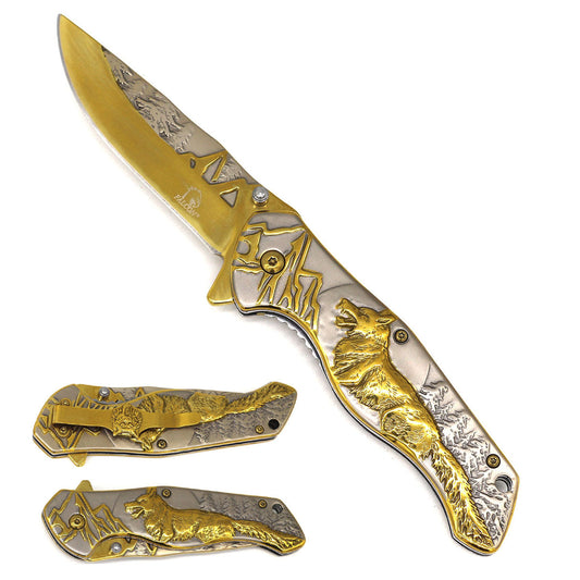 Falcon 8 1/4" Overall Knife w Grey/Gold Wolf Design