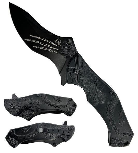 Falcon 7.75" Black Semi Automatic Dragon Spring Assisted Pocket Knife