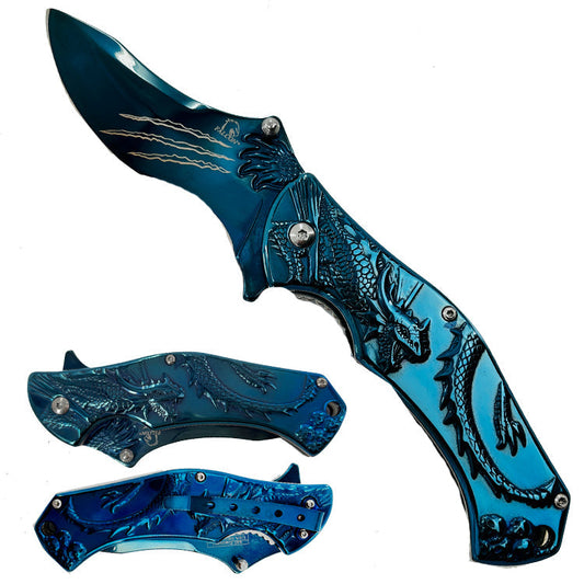 Falcon 7.75" Blue Semi Automatic Dragon Spring Assisted Pocket Knife