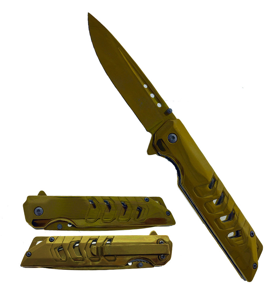 Falcon 8 3/4" Mirror Gold Spring Assisted Pocket Knife