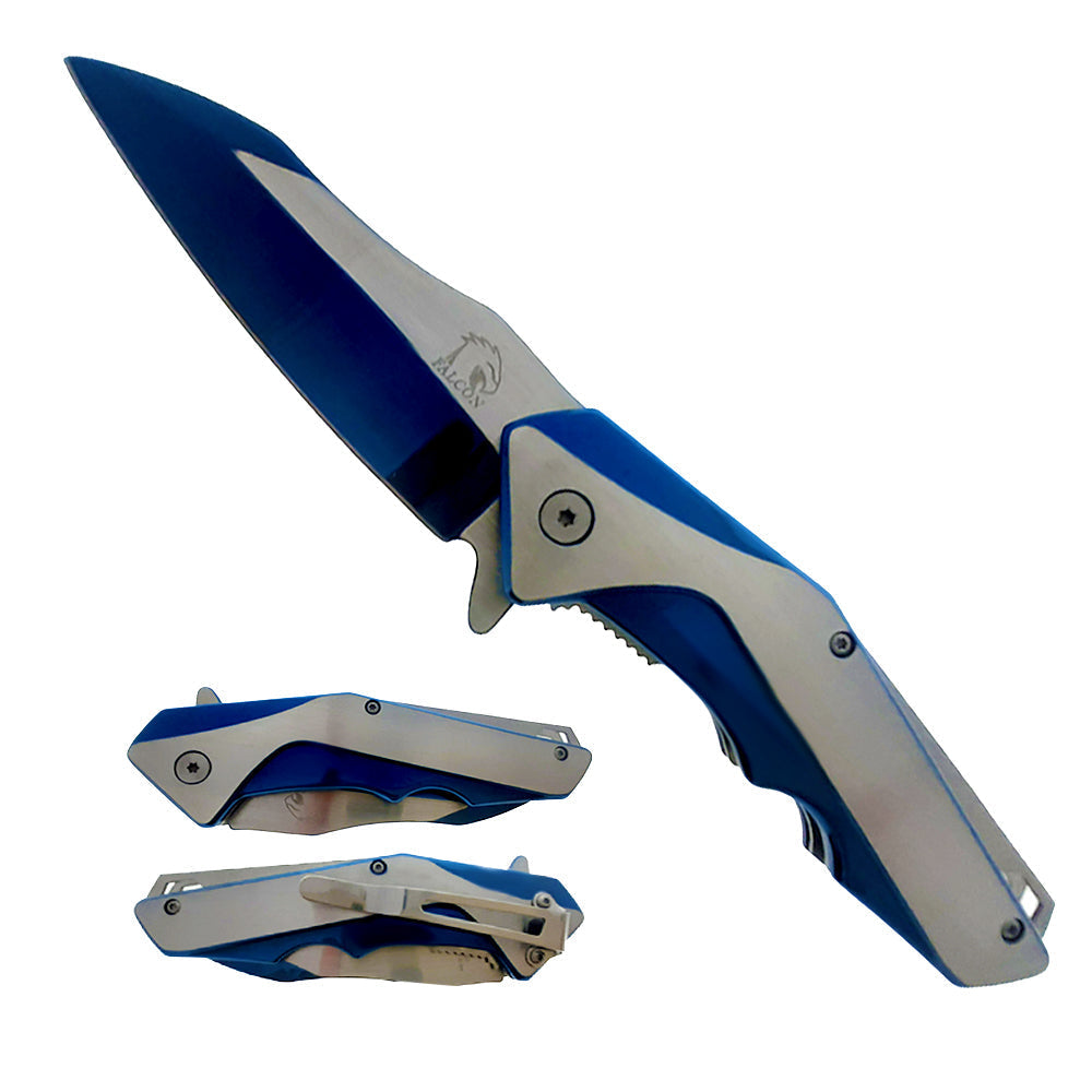 Falcon 8" Blue and Silver Spring Assisted Pocket Knife