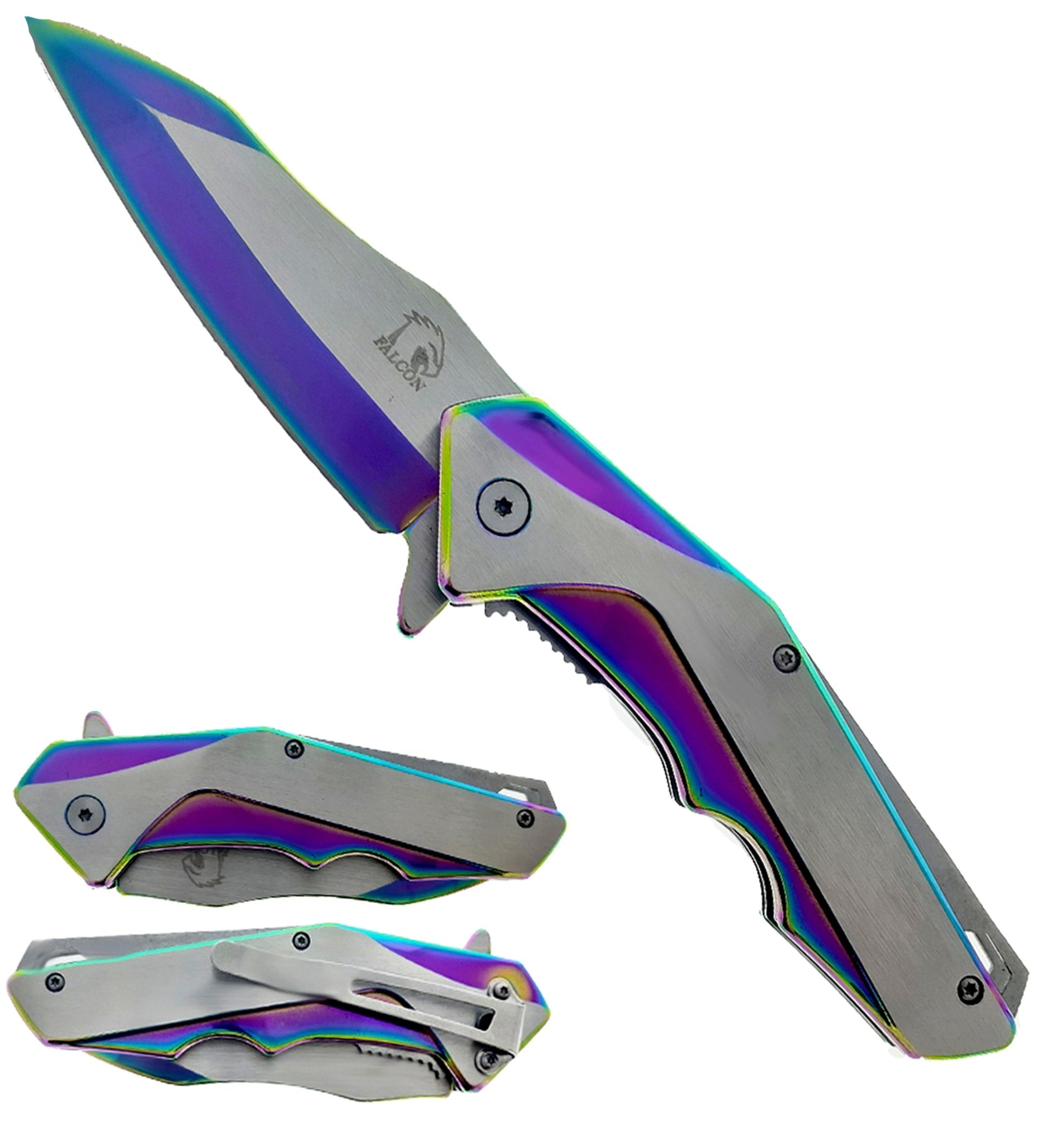 Falcon 8" Rainbow and Silver Spring Assisted Pocket Knife