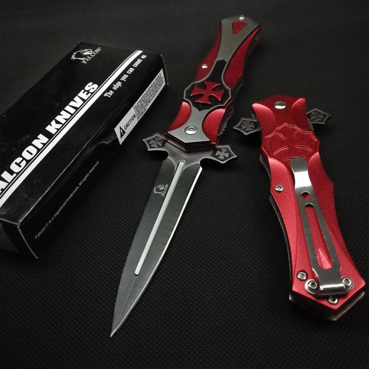 Falcon 8 1/2" Red & Black Cross Blade Spring Assisted Knife