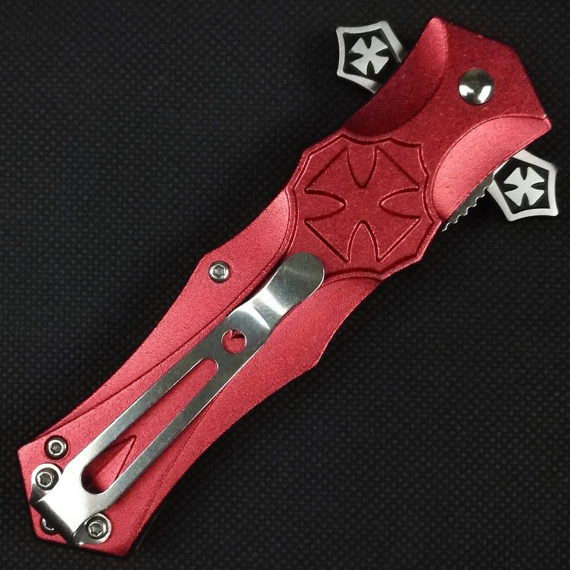 Falcon 8 1/2" Red & Black Cross Blade Spring Assisted Knife