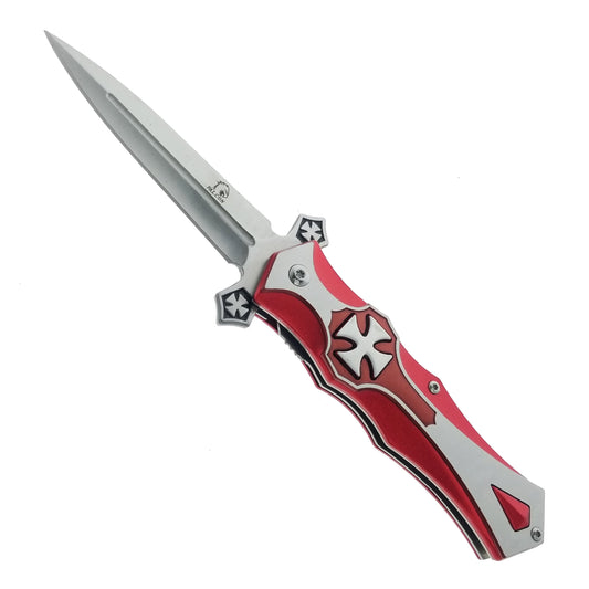 Falcon 8 1/2" Chrome Cross Blade Spring Assisted Knife - Red