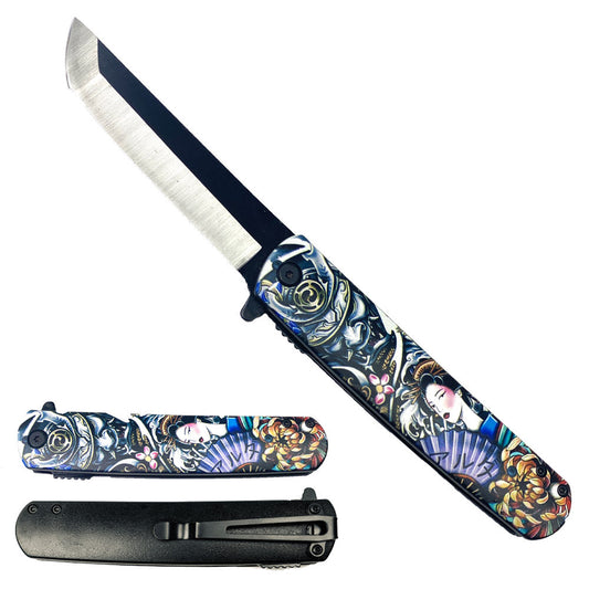 8.5" Tanto Blade Spring Assisted Pocket Knife Blue Samurai Design