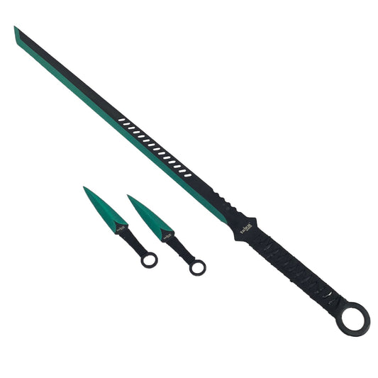 Tactical Master 27" Green Machete Tanto Blade with 2 pcs 6" throwing knife