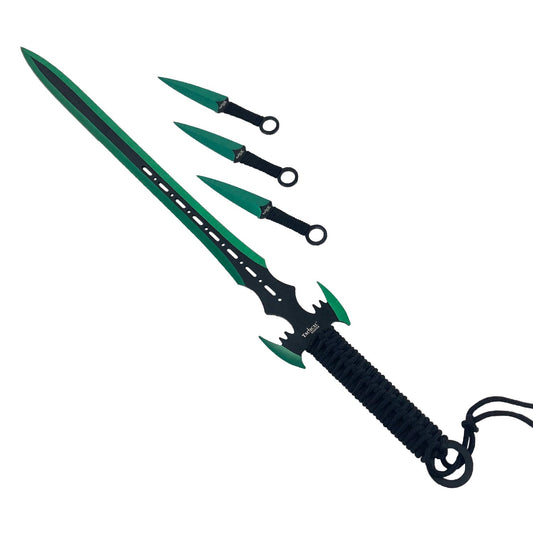 Tactical Master 27-inch full length knife, 3MM Green titanium blade, Black tie rope, 3PCS 6.5-inch Green titanium dart, Black nylon sleeve