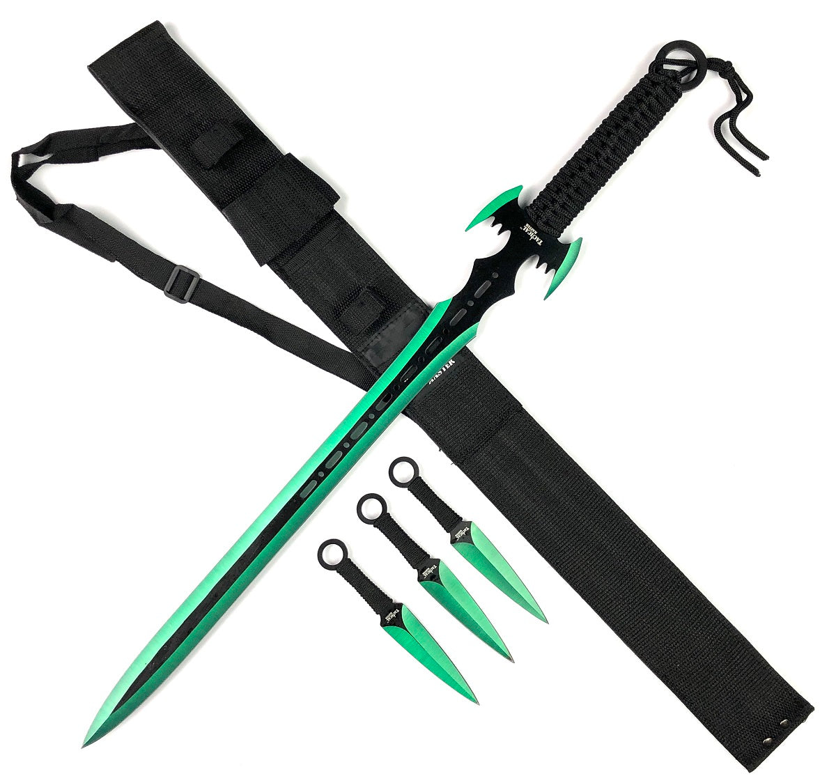 Tactical Master 27-inch full length knife, 3MM Green titanium blade, Black tie rope, 3PCS 6.5-inch Green titanium dart, Black nylon sleeve