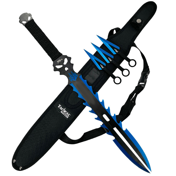 25" Flame Skull Machete w/throwing knives-Blue