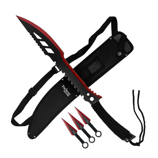 26" Red Machete w 3 Throwing Knives