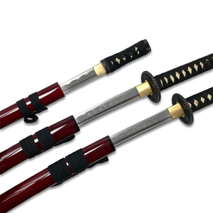 Burgundy 3 PCS Hand Forged Musha Samurai Sword Set w/ stand