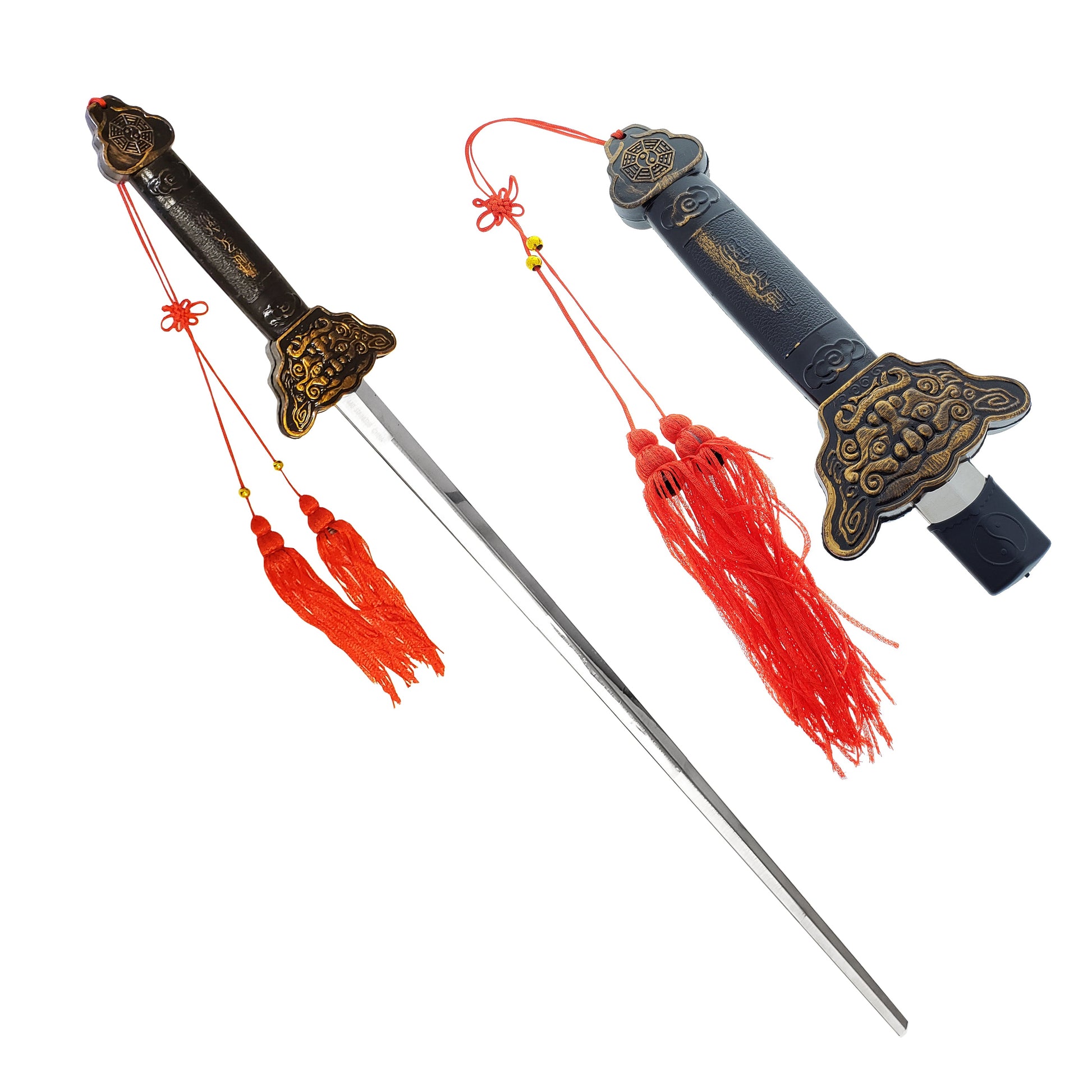 Aluminum Retractable Chinese Sword with intricate design and red tassels for display or practice