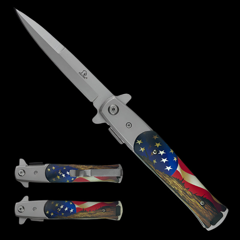 Falcon spring assisted stiletto knife pocket knife with American flag handle design
