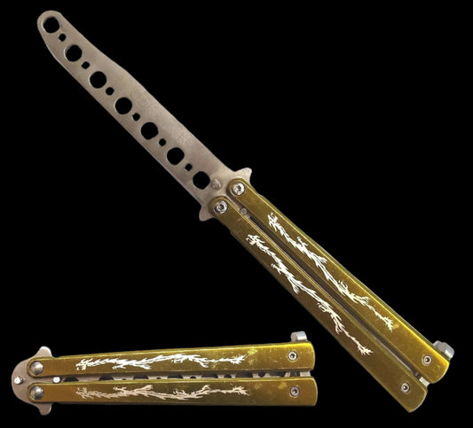 Guild Arms balisong practice knife Butterfly knife trainer with gold handles and perforated blade