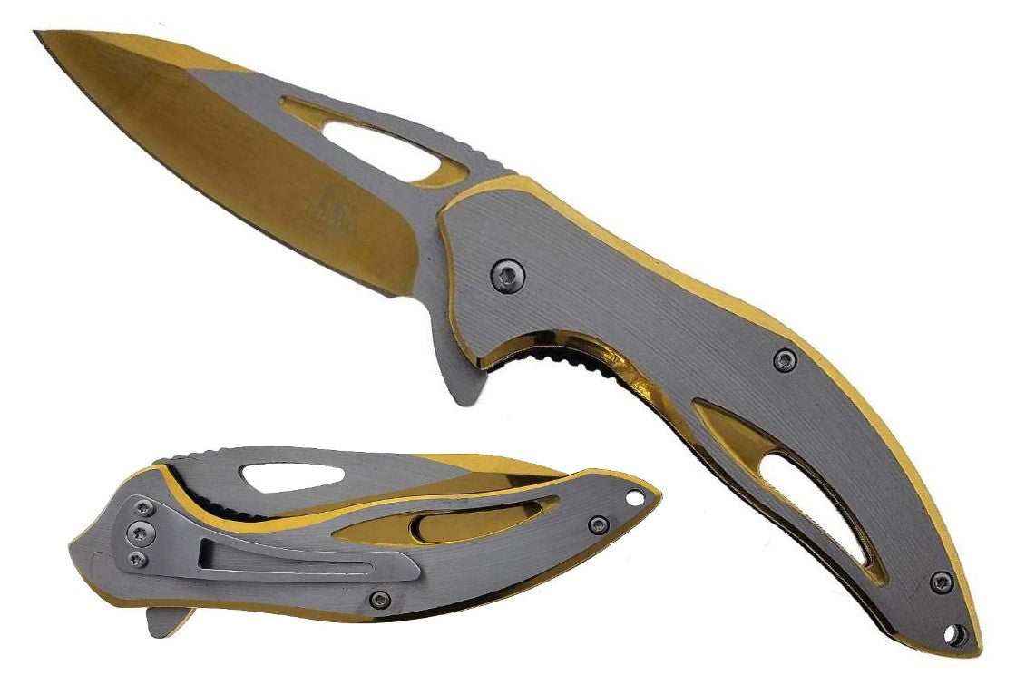 Falcon spring assisted pocket knife in gold and gray, the best spring assisted knife for EDC with folding blade