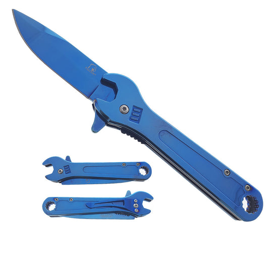 Blue Spring Assisted EDC knife with wrench handle designed for daily use and outdoor activities