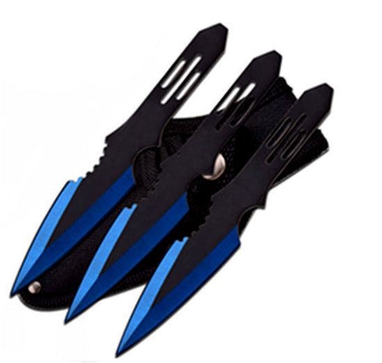 Blue throwing knives set featuring three sleek blades in a protective sheath for training and competition