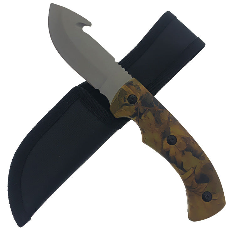 Guild Arms Brown Camo Hunting Knife with Sheath, featuring a durable stainless steel blade