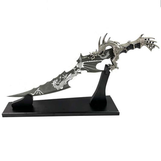 Dragon Fantasy Dagger with Stand, featuring intricate designs and a sleek blade for collectors.
