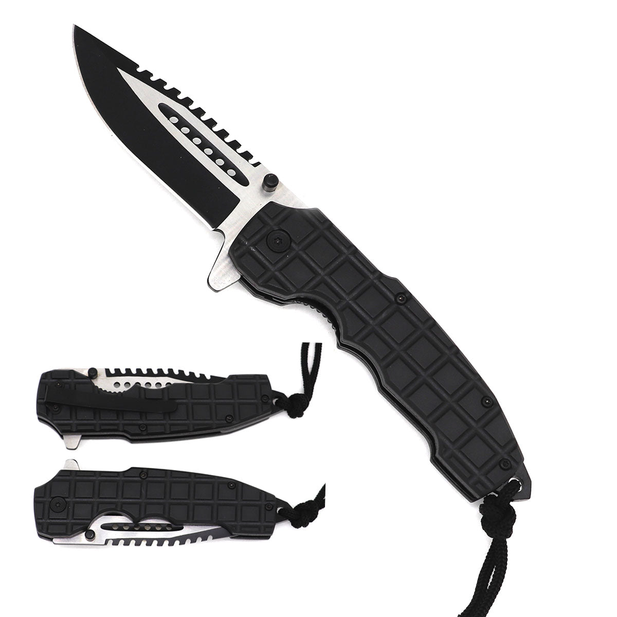 Guild Arms EDC spring assisted knife for sale with black textured handle and serrated blade