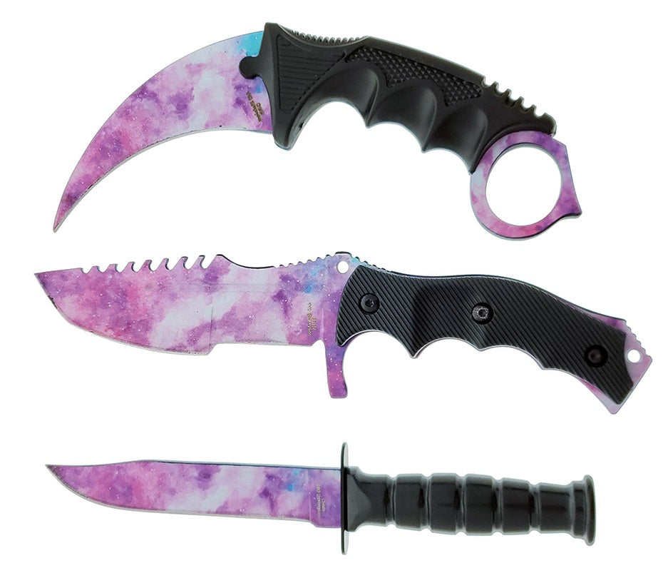 Falcon 3 PCS Pink Galaxy Set featuring Tactical Knives and Karambit with colorful galaxy patterns
